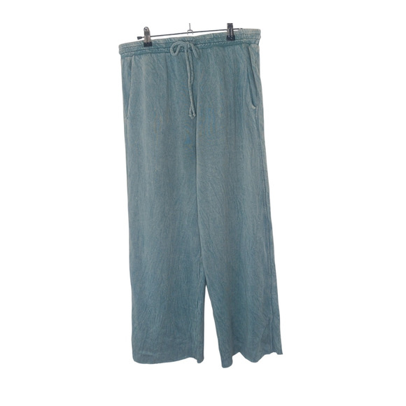 New Three Bird Nest Lounge Pants Blue Mineral Wash Wide Leg Pockets SZ L - Picture 2 of 10
